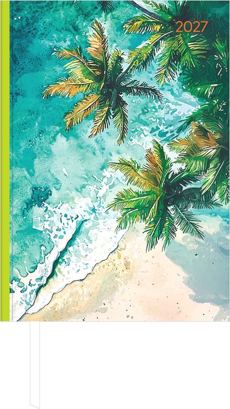 Text "2027" in Orange. Illustrative Ansicht von Palmen über einem Strand mit türkisfarbenem Meer.