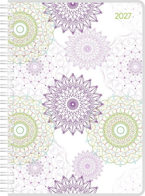 Text "2027" in Grün. Geometrische Mandala-Muster in Lila, Grün und Orange, spiralförmiger Rand links.
