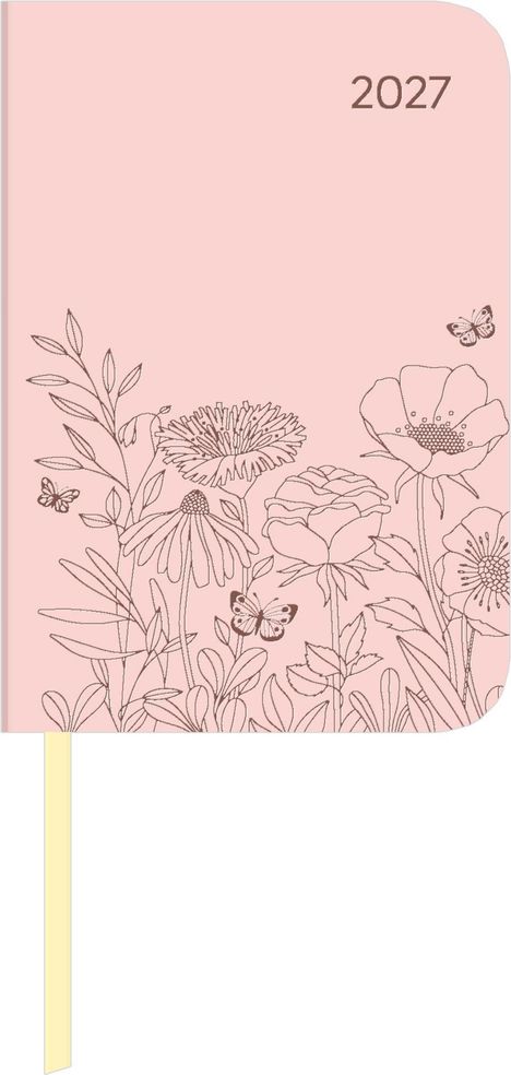 Text "2027" in der oberen Ecke. Eine Illustration von Blumen und Schmetterlingen auf rosa Hintergrund.