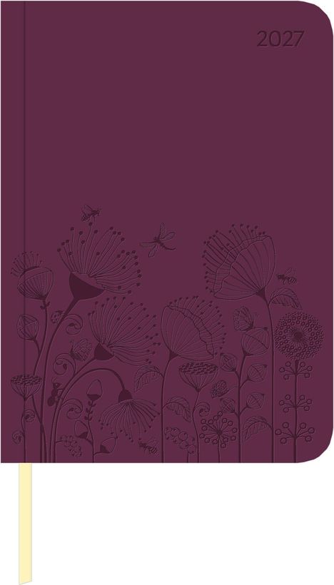 Text "2027" oben rechts. Lila Umschlag mit floralen Mustern und Insekten wie Libellen und Bienen.