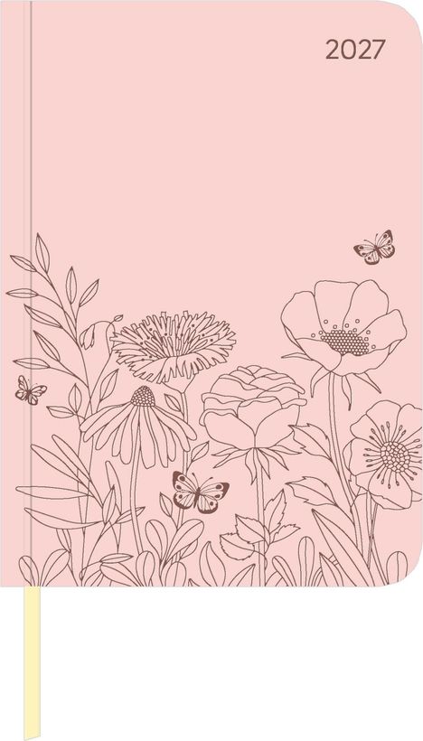 "2027" steht oben rechts. Florale Illustration mit Schmetterlingen auf einem rosa Hintergrund.