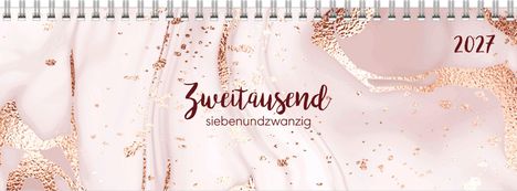 Lese „Zweitausend siebenundzwanzig“. Hintergrund in Rosa mit kupfernen Mustern. Spiralbindung oben.