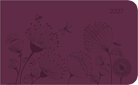 "2027" in der rechten oberen Ecke. Feine florale Illustrationen mit Bienen und einem Schmetterling auf violettem Hintergrund.