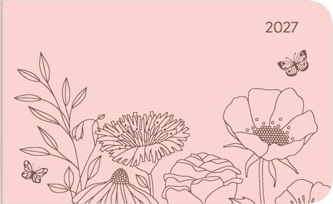 "2027". Eine rosa Illustration mit Schmetterlingen und Blumen im Linienstil.