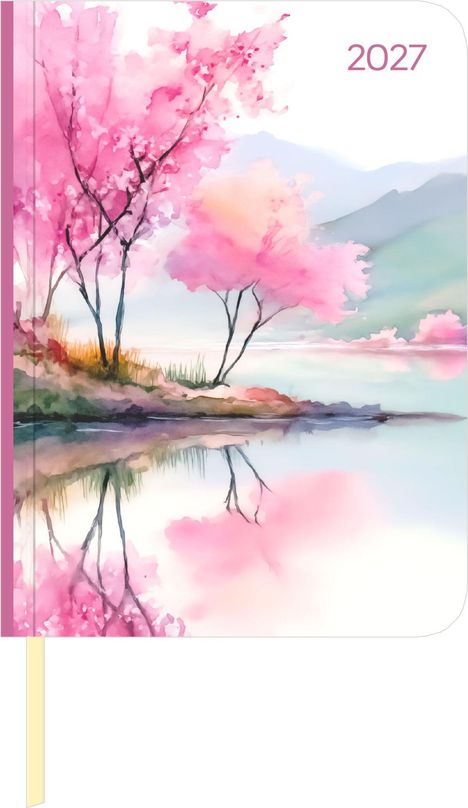 "2027" in Rosa oben rechts. Aquarell mit rosa blühenden Bäumen, die sich in einem ruhigen See spiegeln.