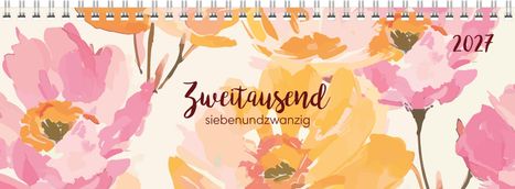 Kalenderillustration "Zweitausend siebenundzwanzig" mit rosafarbenen und orangefarbenen Blumen.