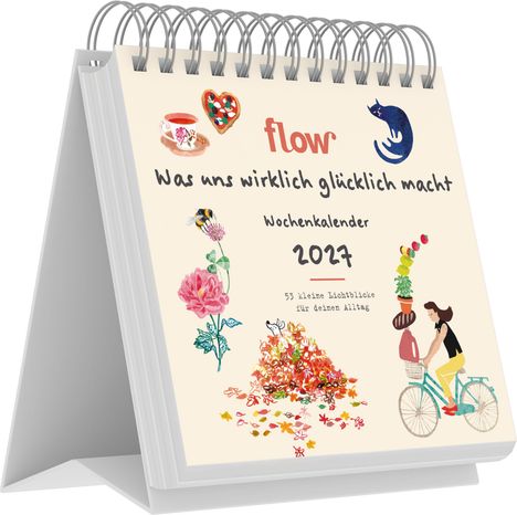 Text: "flow", "Was uns wirklich glücklich macht", "Wochenkalender 2027", "53 kleine Lichtblicke für deinen Alltag". Bunte Illustrationen: Tasse, Herz, Katze.