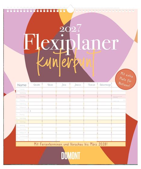 „2027 Flexiplaner kunterbunt“ steht auf einem bunt gemusterten Hintergrund. Unten: Kalender mit Spaltennamen.