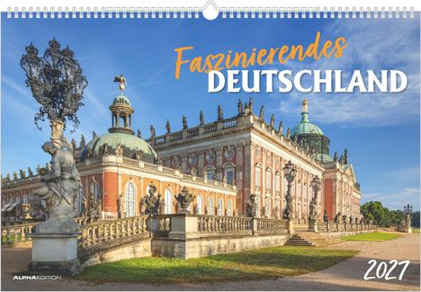 "Faszinierendes Deutschland 2027", prunkvolles Schloss mit Kuppel, verziert mit Statuen, grüner Rasen im Vordergrund.