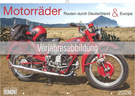 Text: "Motorräder Routen durch Deutschland & Europa", "Vorjahresabbildung", "2026". Rotes Motorrad vor Berglandschaft.