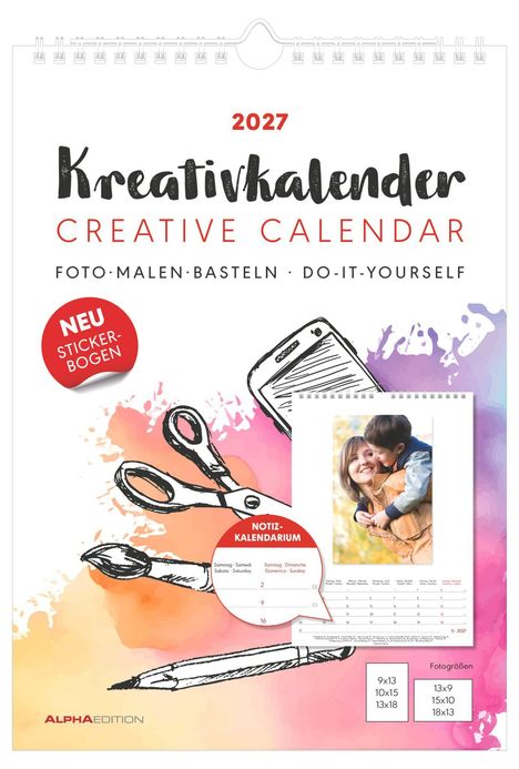 "2027 Kreativkalender: Foto, Malen, Basteln, Do-it-yourself. Illustration von Schere, Pinsel, Stift, Handy und Kalenderblatt."