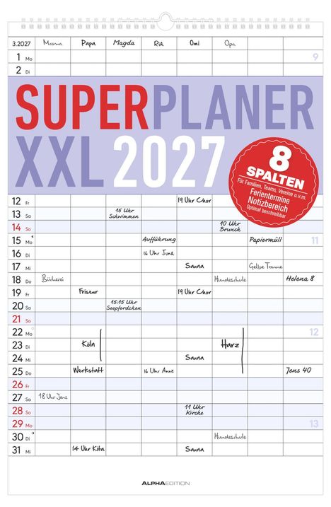 Kalender für März 2027. Überschrift: "SUPERPLANER XXL 2027". Enthält 8 Spalten für verschiedene Namen.