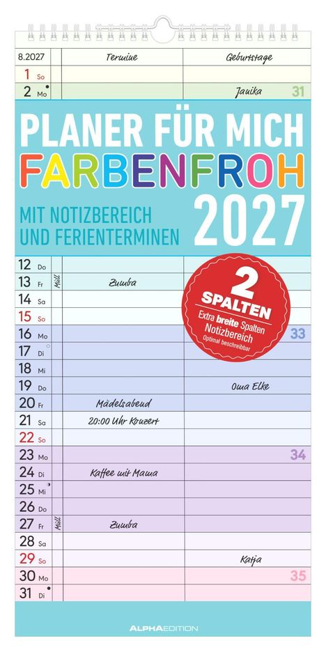 Kalenderseite: "Planer für mich farbenfroh 2027" mit Notizbereich und Ferienterminen. Zwei Spalten. Augusttermine.