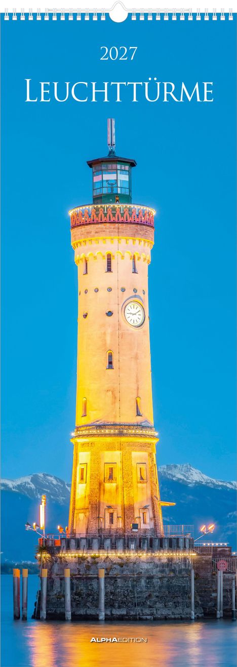Oben steht "2027 LEUCHTTÜRME". Darunter ein beleuchteter Leuchtturm, im Wasser stehend, mit Bergen im Hintergrund.