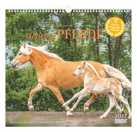"Geliebte Pferde", "TOP 10 Pferdefotografin weltweit", "2027". Zwei blonder Pferde auf einer Sandfläche, grüne Bäume im Hintergrund.