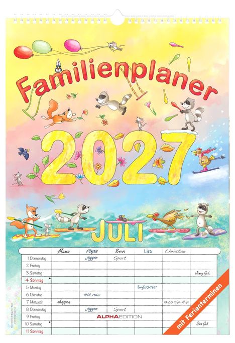 „Familienplaner 2027 Juli“ in bunter Schrift. Illustration mit Tieren und Luftballons auf gelbem bis blauem Hintergrund.