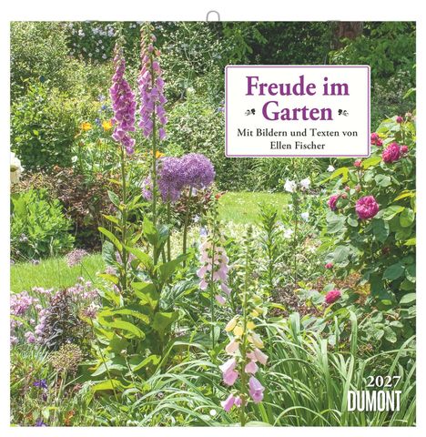 „Freude im Garten. Mit Bildern und Texten von Ellen Fischer.“ Eine üppige Blumenwiese in kräftigen Farben.