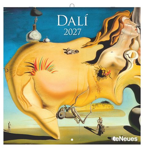 Text: "DALÍ 2027". Surrealistische Landschaft mit verzerrten Formen und Figuren, intensiven Farben und fantastischen Elementen.