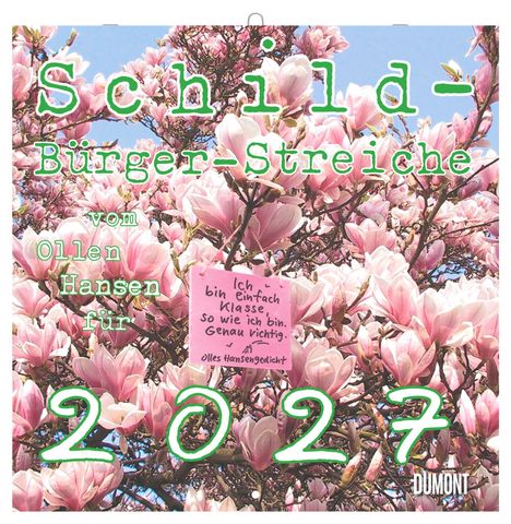 "Schild-Bürger-Streiche" und "2027" in kräftiger Schrift, Hintergrund: blühende Magnolien.