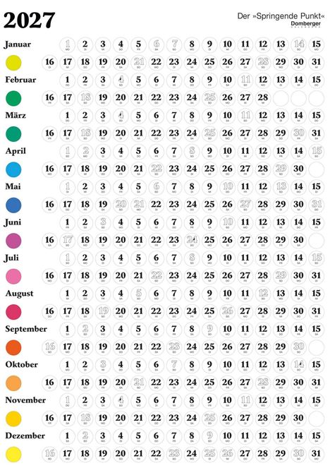 Kalender "Der Springende Punkt" 2027. Monatsnamen farbig, Tage in Kreisen, Wochenenden fett markiert.