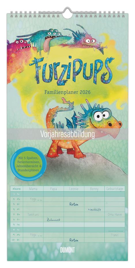 "Furz&Pups, Familienplaner 2026, Vorjahresabbildung. Illustration: Bunte Monster auf farbigem Hintergrund mit Kalender."