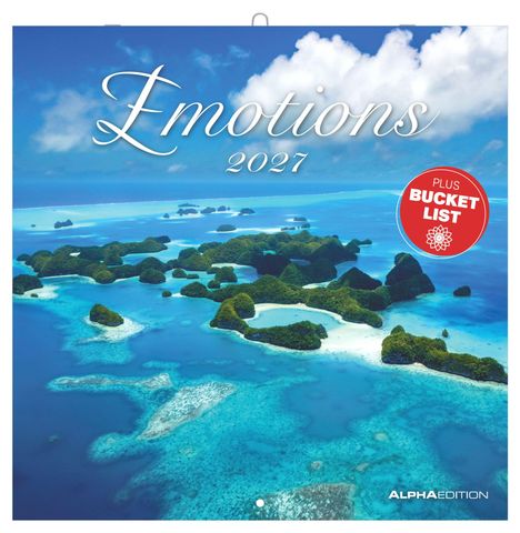 "Emotions 2027", "PLUS BUCKET LIST" ist in einem roten Kreis. Tropische Inseln im blauen Meer aus der Vogelperspektive.