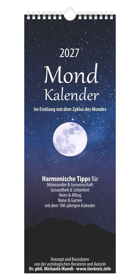 2027 Mond Kalender. Tipps für Gemeinschaft, Gesundheit, Alltag, Natur. Vollmond über Sternenhimmel in Illustration.
