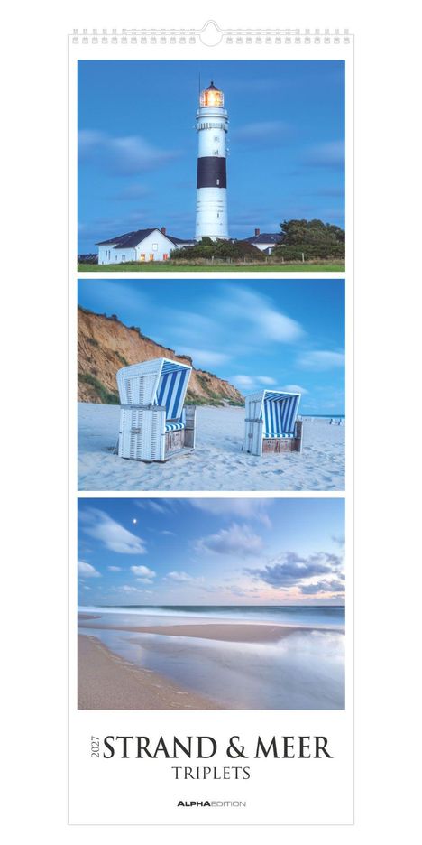 2027 STRAND & MEER TRIPLETS. Kalenderblatt mit Leuchtturm, Strandkörben und Küstenlandschaft in Blautönen.