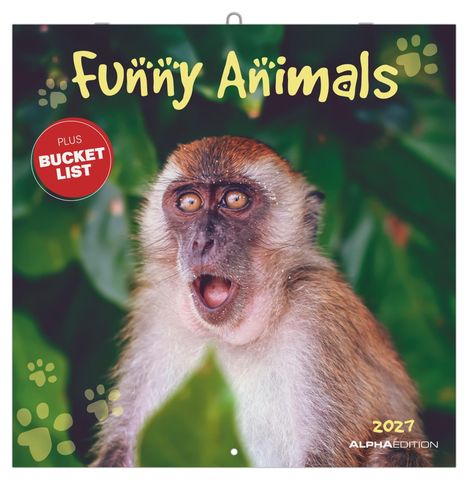 „Funny Animals“ in gelber Schrift, „PLUS BUCKET LIST“ in rotem Kreis. Ein erstaunter Affe vor grünem Hintergrund.