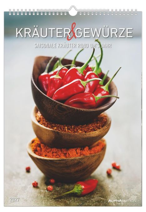 Text: "KRÄUTER & GEWÜRZE", "SAISONALE KRÄUTER RUND UM'S JAHR", "2021". Rote Paprikaschoten in Schalen gestapelt.