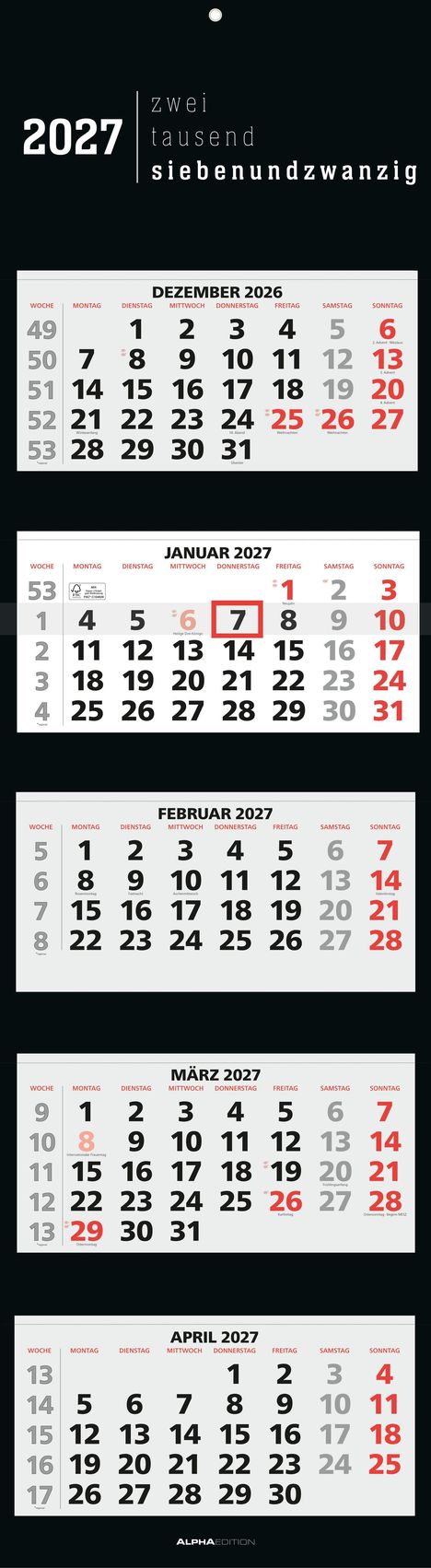 2027, zwei tausend siebenundzwanzig. Monatskalender: Dezember 2026 bis April 2027. Feiertage in Rot markiert.