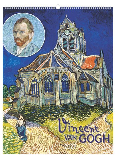 Text: „Vincent van Gogh 2027“. Illustration einer Kirche in kräftigen Farben und ein Porträt von Vincent van Gogh.