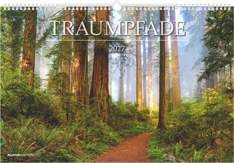 "Traumpfade 2027" auf einem Waldweg mit großen Bäumen und dichtem Blattwerk.