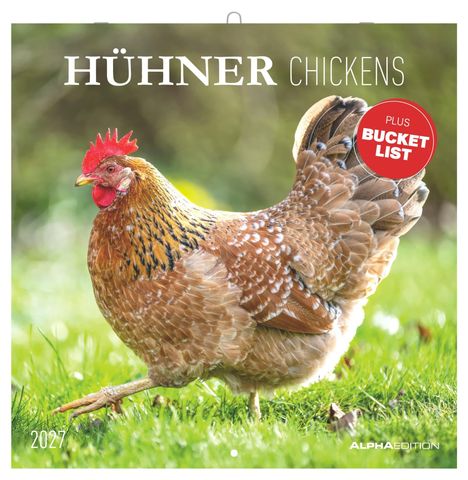 Text: "HÜHNER CHICKENS", "PLUS BUCKET LIST", "2027". Ein Huhn steht auf grünem Gras.