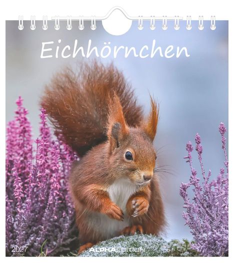 Texte: "Eichhörnchen", "2027", "ALPHA EDITION". Ein Eichhörnchen steht zwischen lila Blüten.