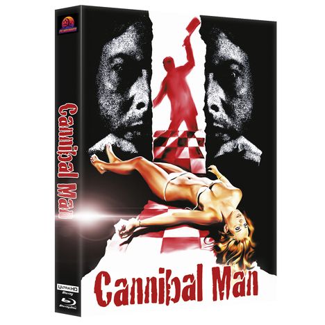 Text: "Cannibal Man". Illustration mit roter Figur, Kochmesser, schwarz-weißen Gesichtern, liegende Frau in Bikini.