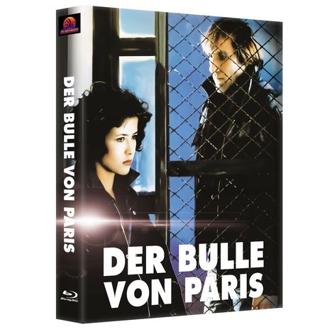 "DER BULLE VON PARIS" in großen Buchstaben, zwei Personen vor einem Maschendrahtzaun, die sich ansehen. Verpackung eines Films.