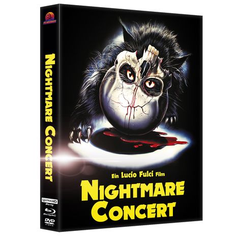 „Nightmare Concert“, großer gelber Text. Illustration: Düstere Kreatur mit Totenkopfmaske und blutiger Spur.