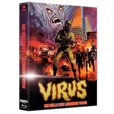 "Virus: Die Hölle der lebenden Toten" in großer Schrift. Eine bedrohliche Szene mit Soldaten, Feuer und einem Monster im Hintergrund.