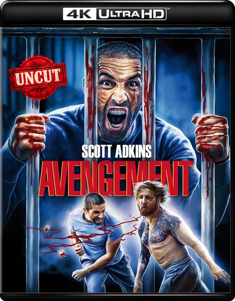 Text: "UNCUT", "SCOTT ADKINS", "AVENGEMENT". Illustration: Ein wütender Mann hinter Gitterstäben und ein Kampf darunter.