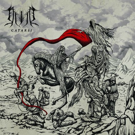 Text: "CATARSI". 

Illustration: Bedrohliche Figuren in Roben, ein Sensenmann, Soldaten und ein rotes Band in einer düsteren Landschaft.