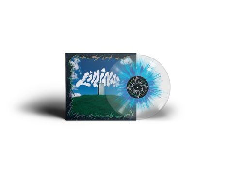 Der Text "Liminal" steht in Wolkenform über einer Wiese mit offenem Türrahmen. Die Vinyl zeigt blaue Farbsprenkel.