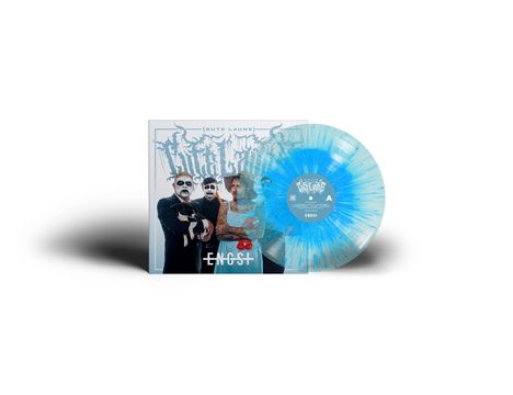 Text: "[Gute Laune]", "ENGST". Ein blau-weißer Vinyl mit einem Cover von drei Personen in verblassend-blauem Design.