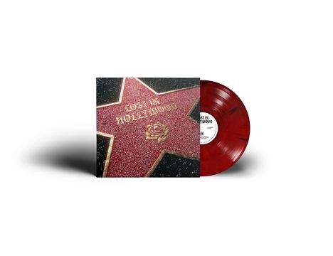 Text: "Lost in Hollywood". 
Illustration einer goldenen Sternplatte auf rotem Grund, daneben eine rote Vinyl-Schallplatte.