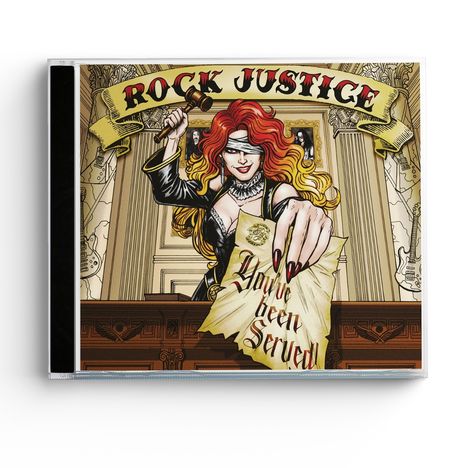 "Rock Justice" und "You've been Served" stehen in einer Illustration mit einer Frau im Richtergewand, die einen Hammer hält.