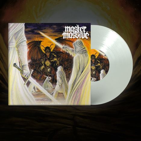 Text: "Master Massive" und "White Shadows".  
Illustration: Weiße Gestalten mit Schwertern kämpfen gegen einen Dämon. Eine weiße Vinyl-Schallplatte.
