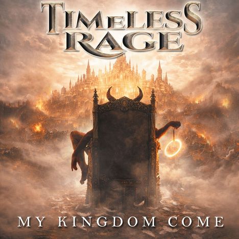 "TIMELESS RAGE" und "MY KINGDOM COME". Szene mit Thron, rotem Himmel, monumentaler Stadt im Hintergrund und Flammen.