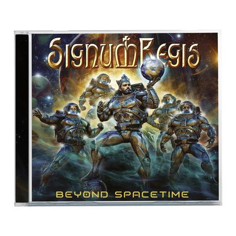 „Signum Regis“ und „Beyond Spacetime“. Illustration von fünf Astronauten in Rüstungen mit einem Planeten im Hintergrund.