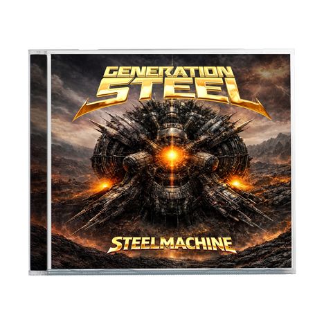 Text oben: "GENERATION STEEL", Text unten: "STEELMACHINE". Illustration eines mechanischen Gebildes mit leuchtenden Elementen.