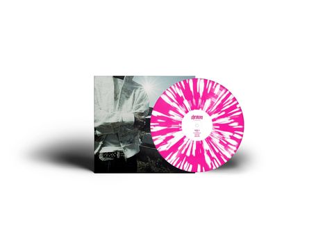 Text: "thrown", "SIDE A". Eine Vinylplatte mit pink-weißem Muster liegt vor einem Albumcover mit einer Person im Hintergrund.